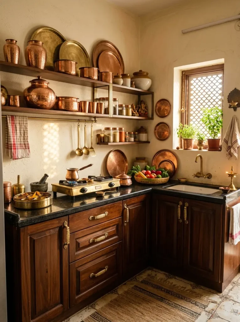 Small Indian kitchen featuring brass hardware, copper vessels, and warm metallic decor details.