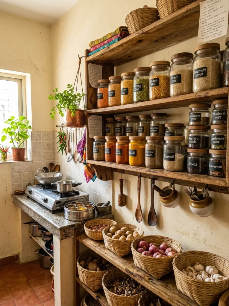 Open shelves displaying glass jars of lentils, rice, and spices arranged neatly in a compact Indian kitchen.