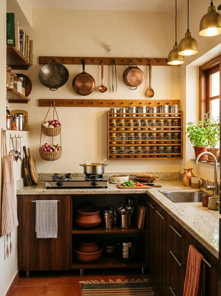 Kitchen wall featuring hanging baskets, spice racks, wooden hooks, and organized utensil storage.