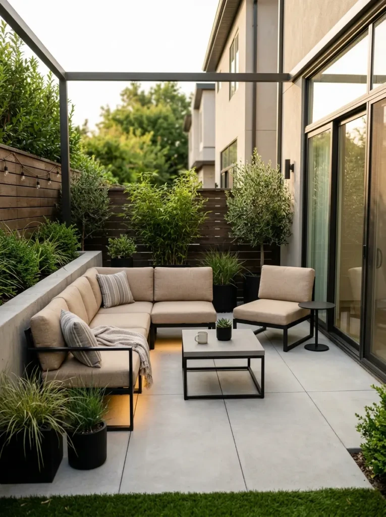 Compact patio with streamlined furniture, neutral cushions, and spacious layout.
