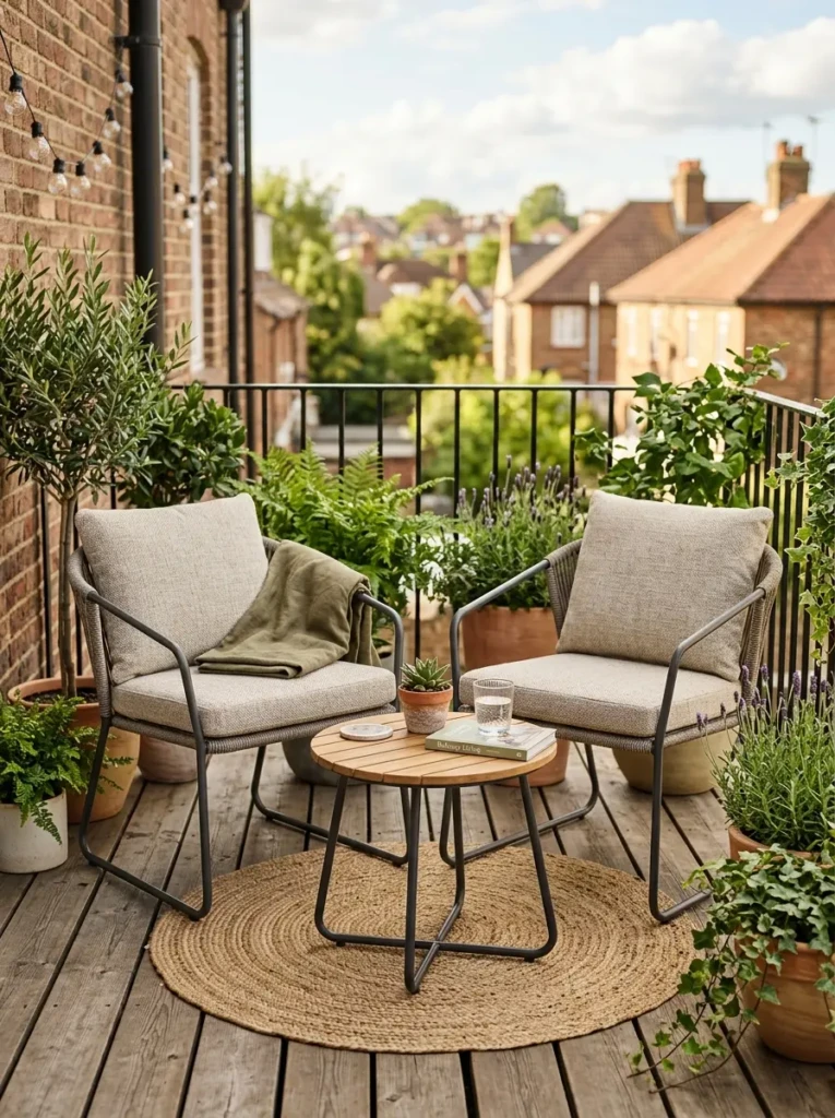 Compact patio furniture with neutral cushions and a practical small-space arrangement.