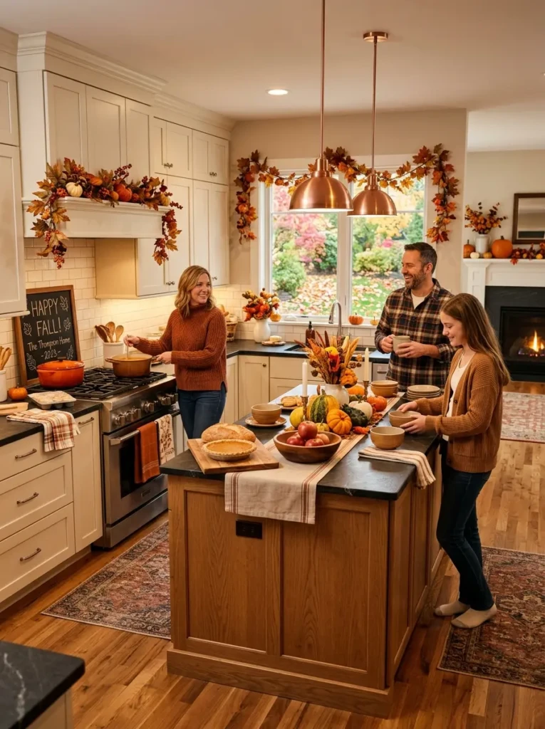 Fully styled autumn kitchen glowing with warmth, comfort, and seasonal charm.