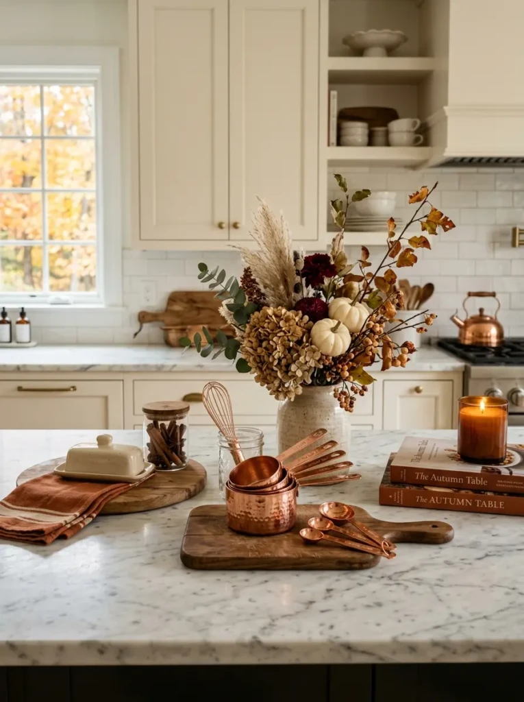 Copper accessories paired with cream cabinetry and marble countertops.