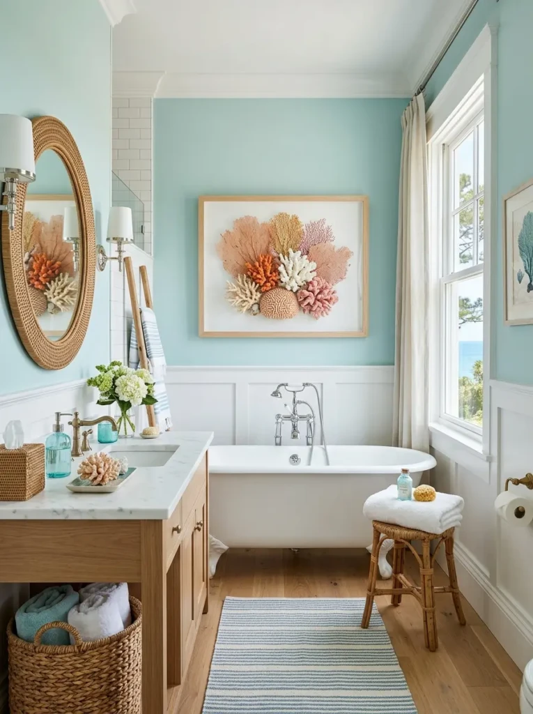 Coral artwork and aqua accents creating coastal charm