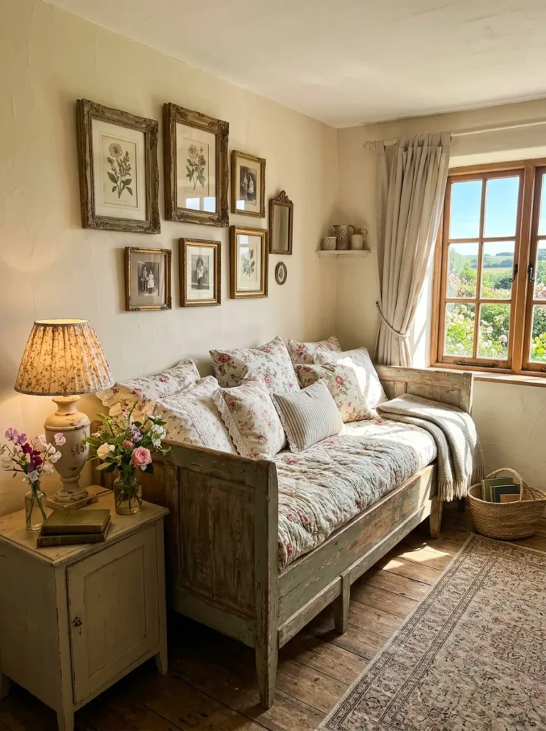 Vintage-inspired bedroom with distressed wood day bed, floral bedding, antique decor, and warm cottage charm.