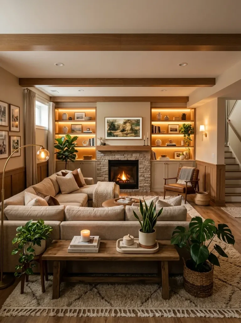 Stunning cozy basement living room with warm lighting, plush seating, fireplace, and elegant decor