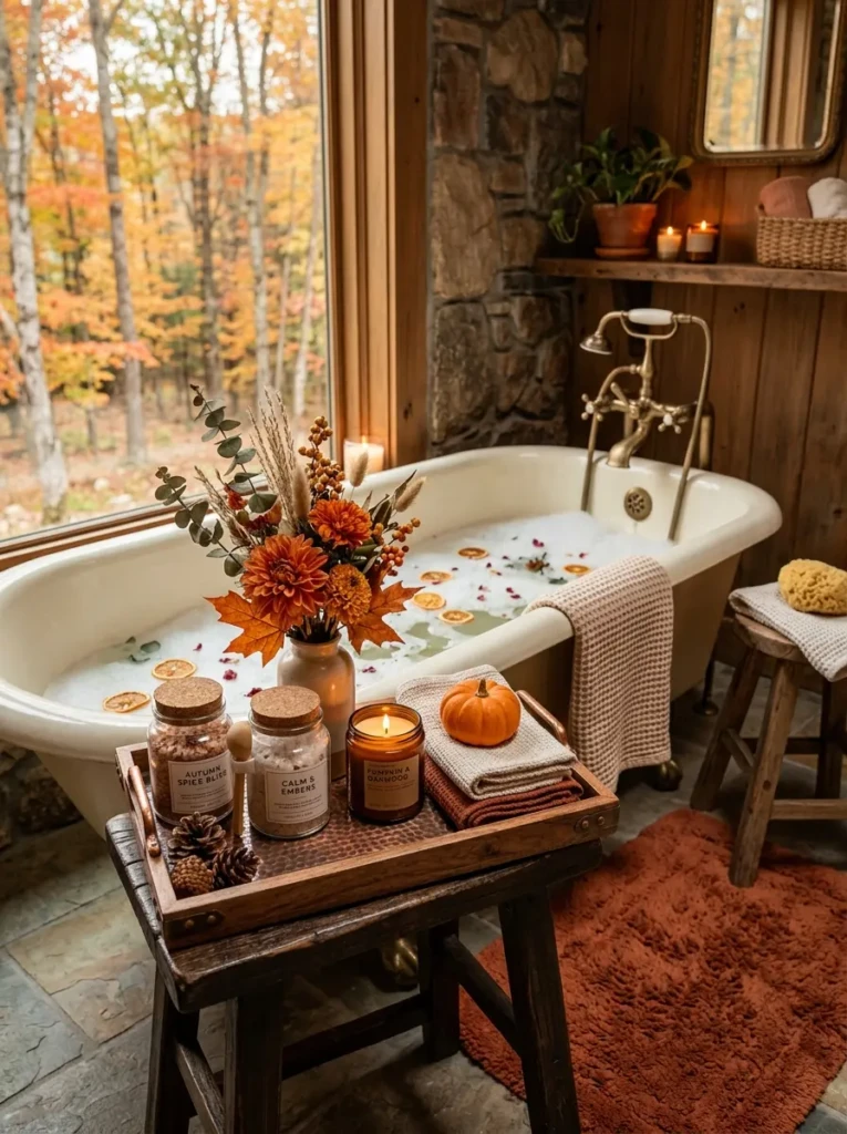 Decorative bath corner featuring bath salts, candles, and seasonal accessories.