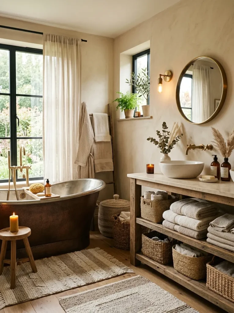 Warm neutral bathroom featuring cream and beige tones, woven baskets, and soft textures.