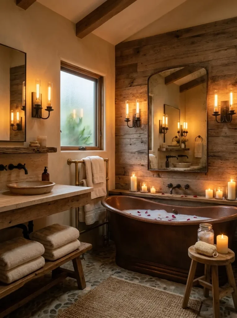 Warm bathroom featuring candle-style fixtures, soft lighting, and inviting natural textures