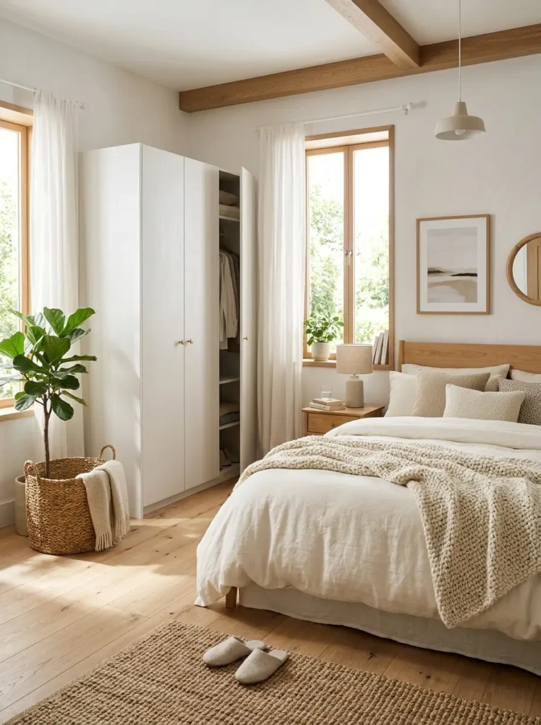 Cozy bedroom featuring a soft white wardrobe, cream bedding, natural wood accents, and warm sunlight creating a bright and inviting atmosphere.