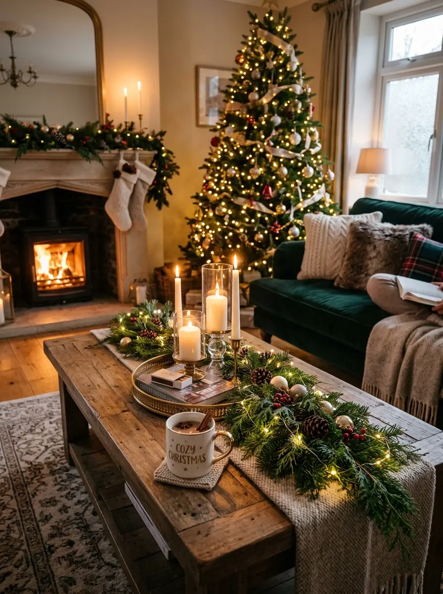 Beautiful Christmas coffee table decorated with candles, greenery, fairy lights, and festive holiday accents in a cozy living room