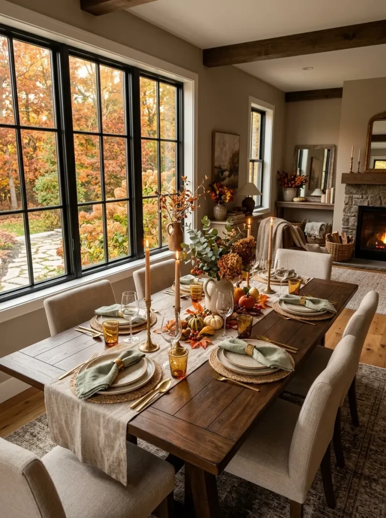 Warm fall dining room with golden sunlight, candlelight, and inviting seasonal decor.
