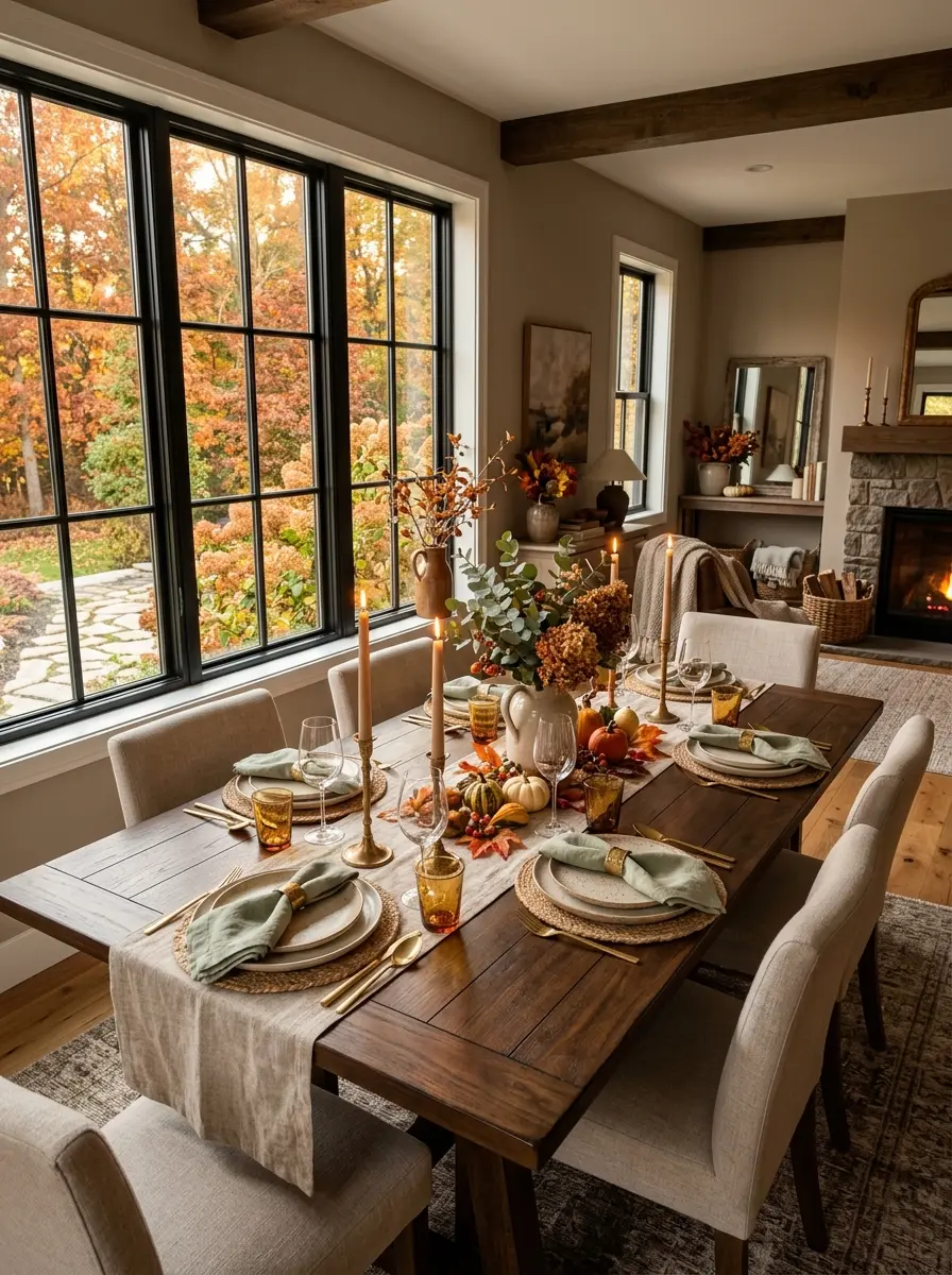 Warm fall dining room with golden sunlight, candlelight, and inviting seasonal decor.