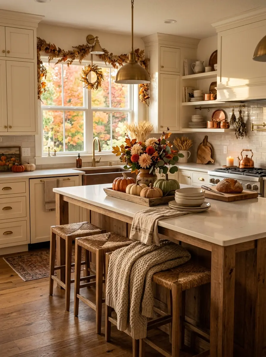 Warm autumn kitchen with pumpkins, wood accents, soft lighting, and cozy seasonal decor.