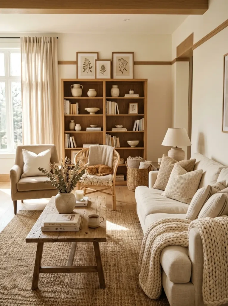 Warm beige and cream living room featuring linen curtains, oak wood furniture, woven baskets, ceramic decor, and soft sunlight creating a cozy and inviting atmosphere.