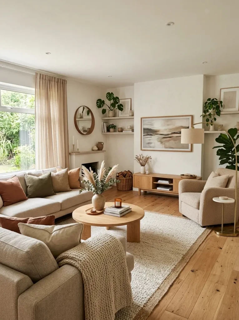 Cozy living room featuring warm white walls, natural wood furniture, and elegant neutral decor.