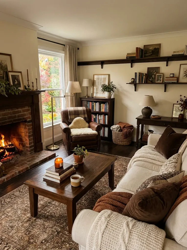 Inviting living room with chocolate brown accents, cream furniture, dark wood finishes, leather details, and layered cozy textiles.