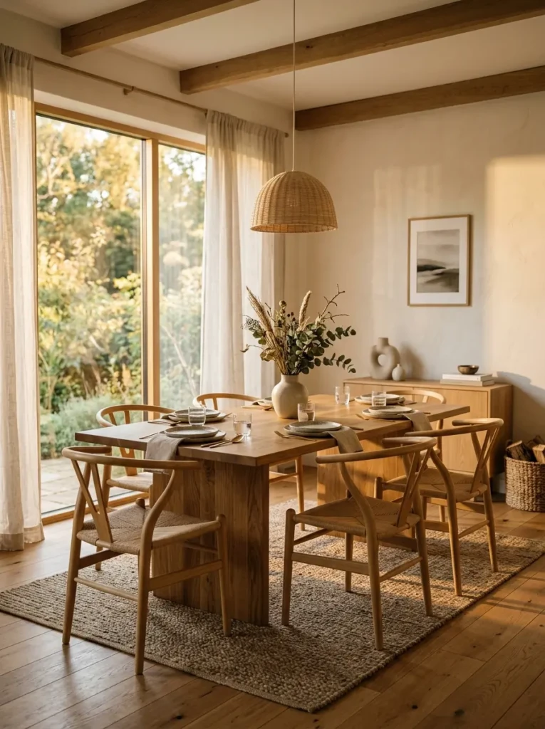 Warmly lit minimalist dining room at sunset with natural materials and inviting atmosphere