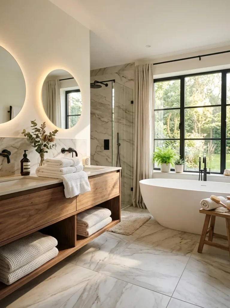 Soft morning light illuminates a stylish bathroom with elegant tiles, fluffy towels, and calming decor colors.