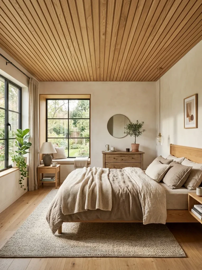 Warm modern bedroom showcasing a natural wood slat ceiling, cozy linen bedding, and inviting earthy textures.