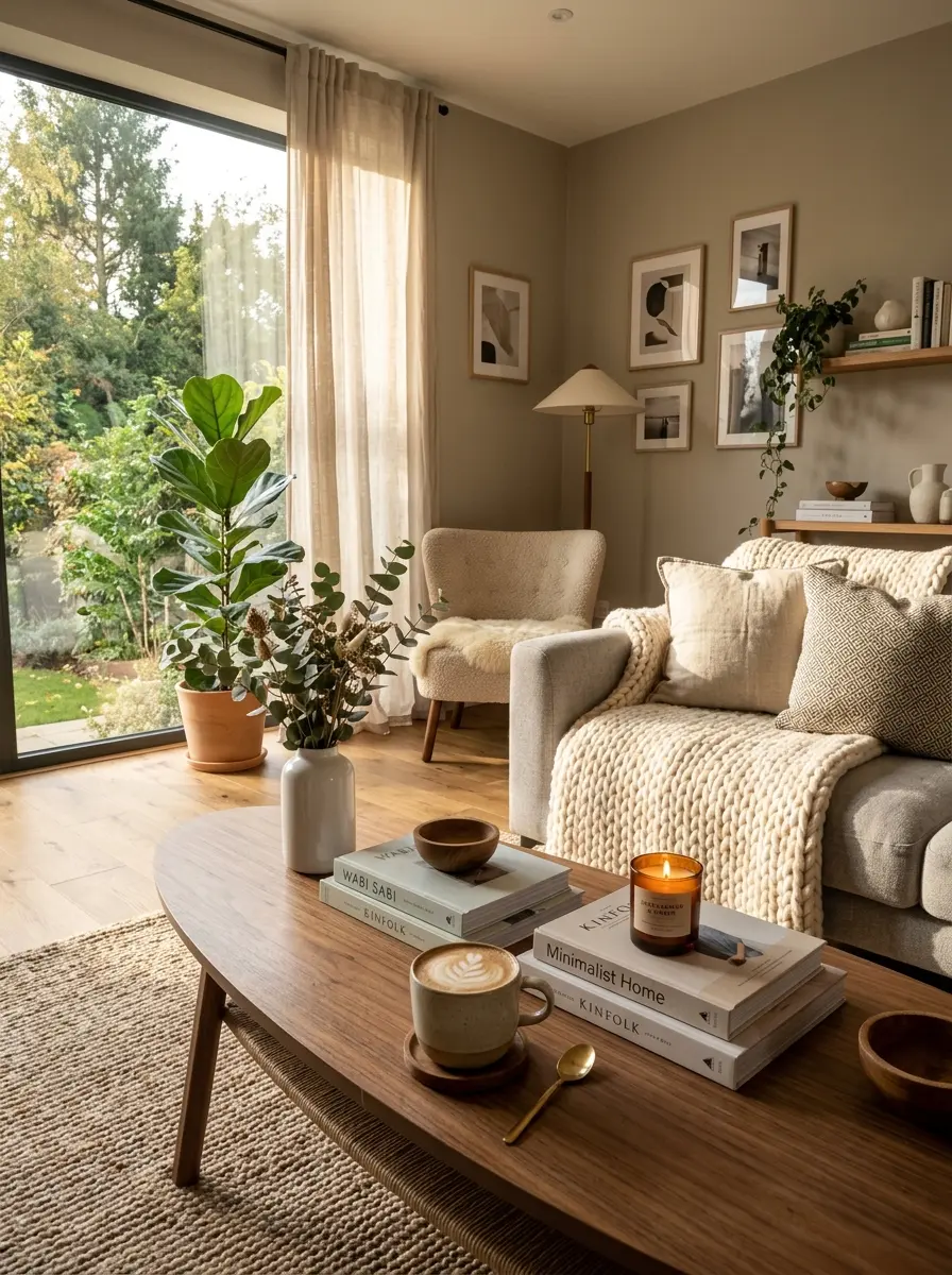 Cozy living room featuring a styled coffee table with coffee, candles, books, and a soft throw blanket in a warm inviting space.
