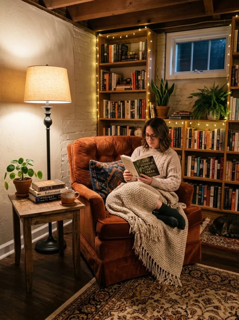 Stylish reading nook with soft blanket, side table, and warm lighting