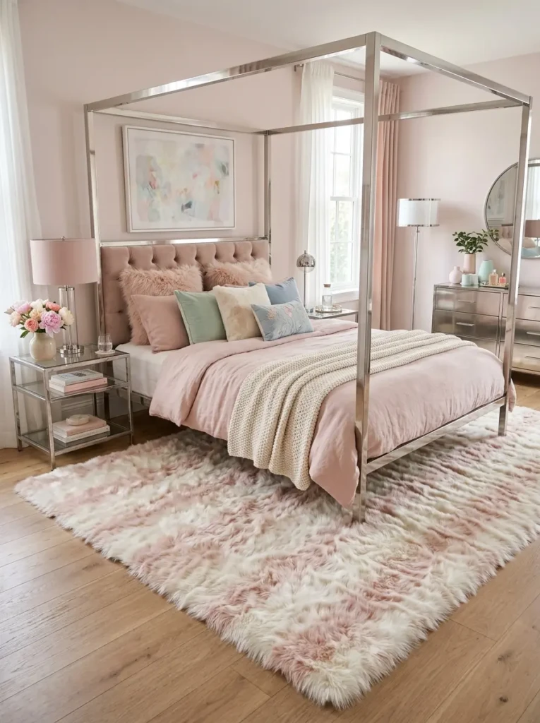 Cream faux fur rug paired with pastel decor and metallic accents in a Y2K bedroom.
