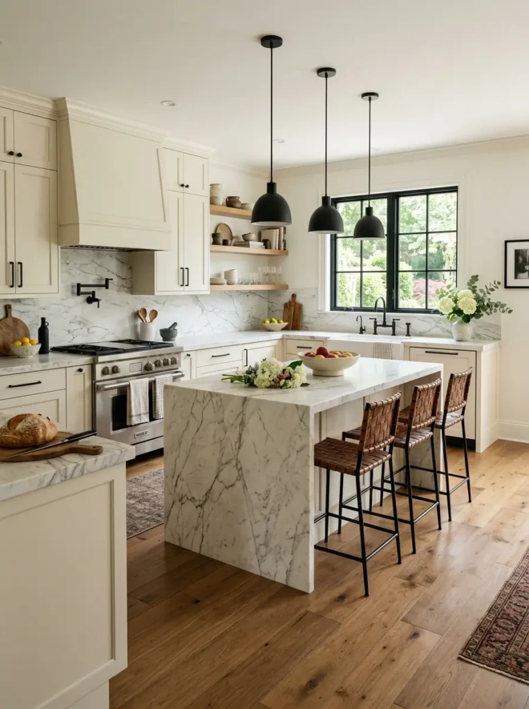 Cream-colored cabinets combined with marble countertops, wood flooring, and black accents in a sophisticated kitchen.