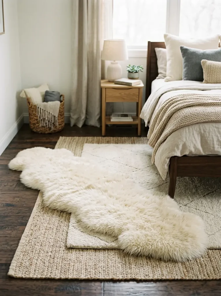 Cream rugs and textured floor coverings enhancing a pink bedroom design