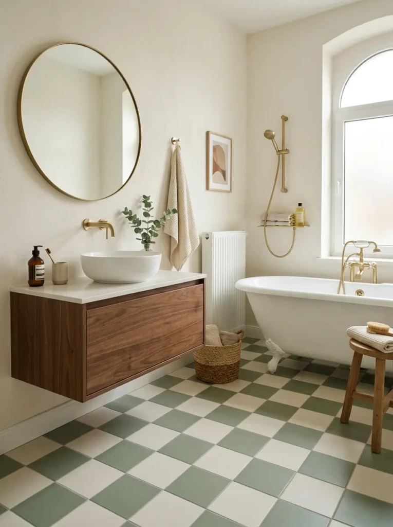 Elegant bathroom with cream and sage checkerboard floor tiles and simple decor.