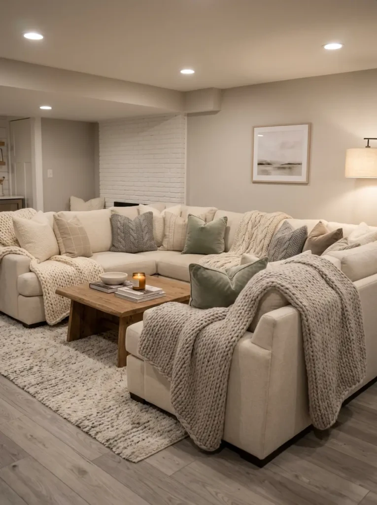 Cream sectional sofa decorated with pillows and chunky knit throws