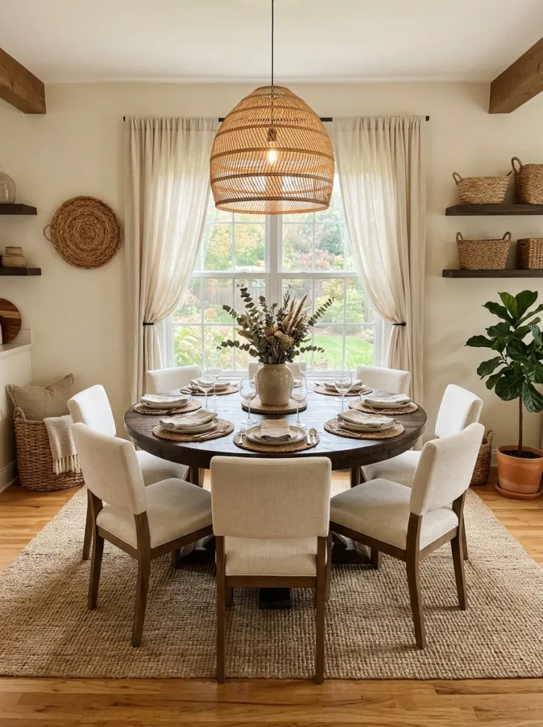 Dining area with cream curtains, ivory chairs, and a woven jute rug beneath a dark table.