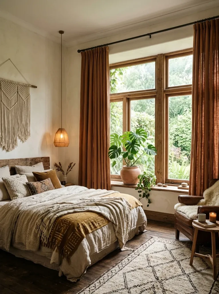Earthy-toned curtains hanging from ceiling height in a cozy bedroom.