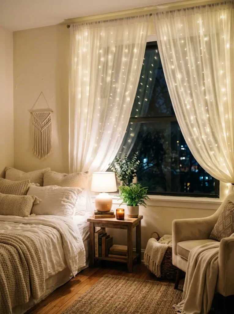 Sheer curtains decorated with cascading LED fairy lights creating a magical starlit bedroom atmosphere.