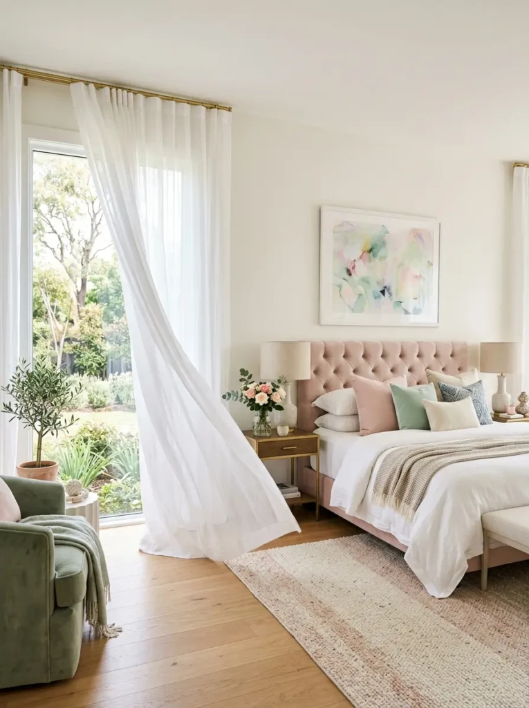 Sheer pink curtains creating a bright and luxurious bedroom atmosphere
