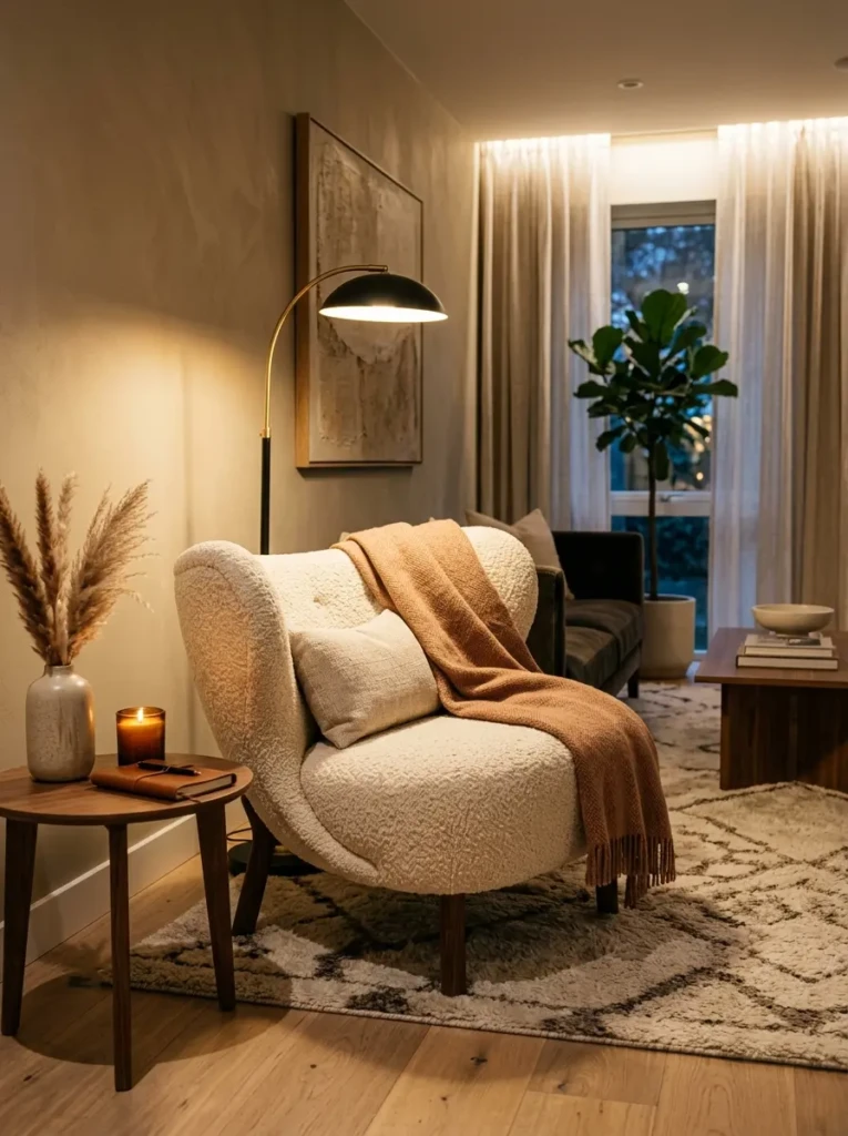 Curved upholstered chair adds character and comfort to the room.