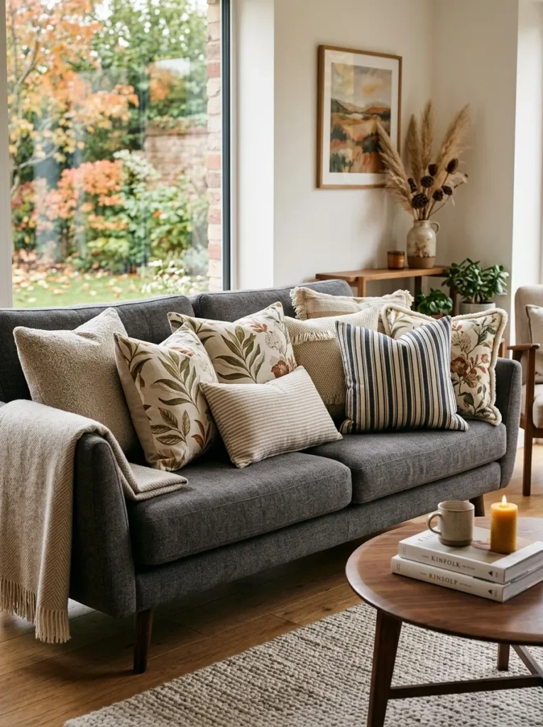 Linen and botanical-print cushions arranged on a comfortable living room sofa.