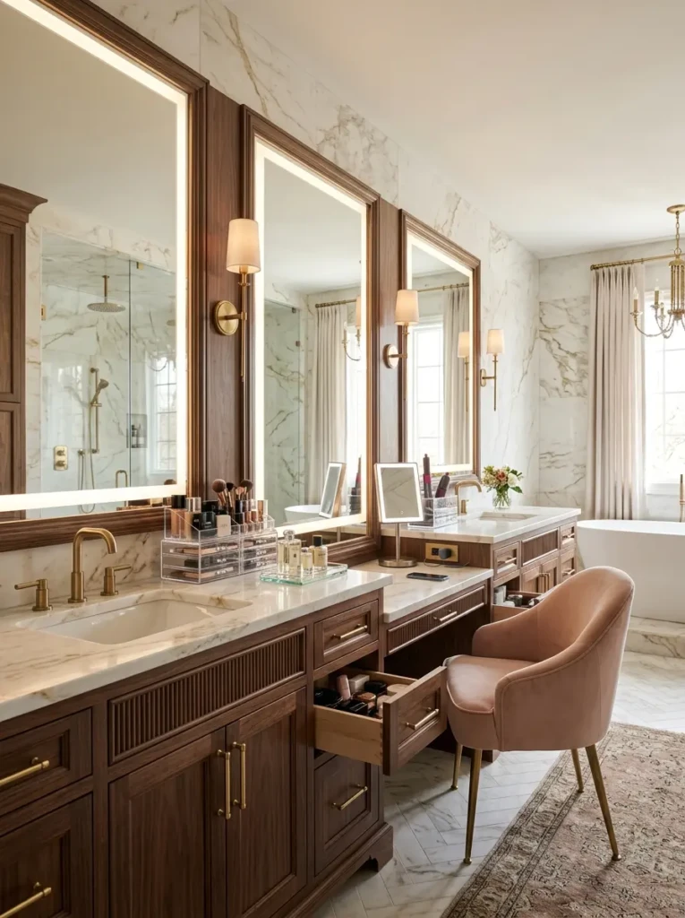 High-end bathroom vanity with makeup area, custom cabinetry, plush chair, and personalized beauty storage.