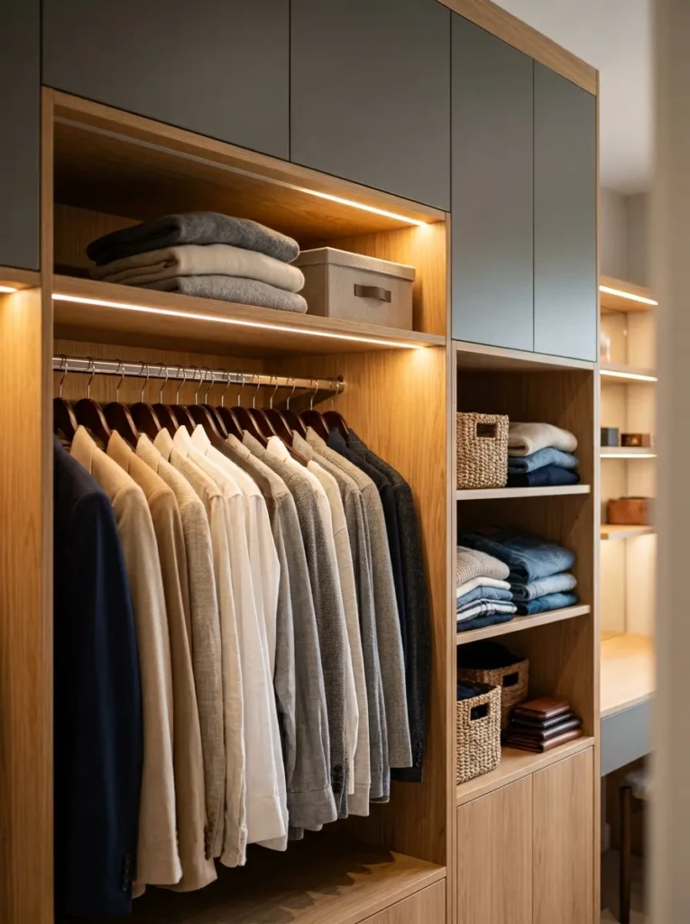 Built-in wardrobe featuring hidden storage, warm LED lighting, and organized shelving.