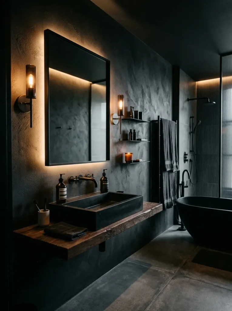 Matte black bathroom sink surrounded by charcoal walls and warm lighting for a dramatic atmosphere.