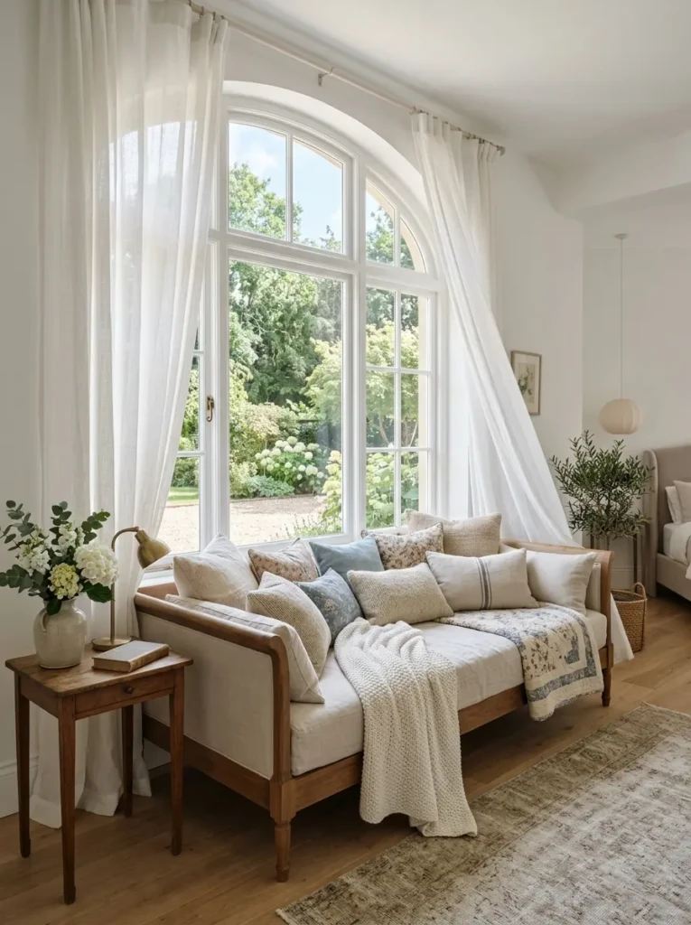 Day bed beneath large windows with sheer curtains, layered cushions, and abundant natural light.