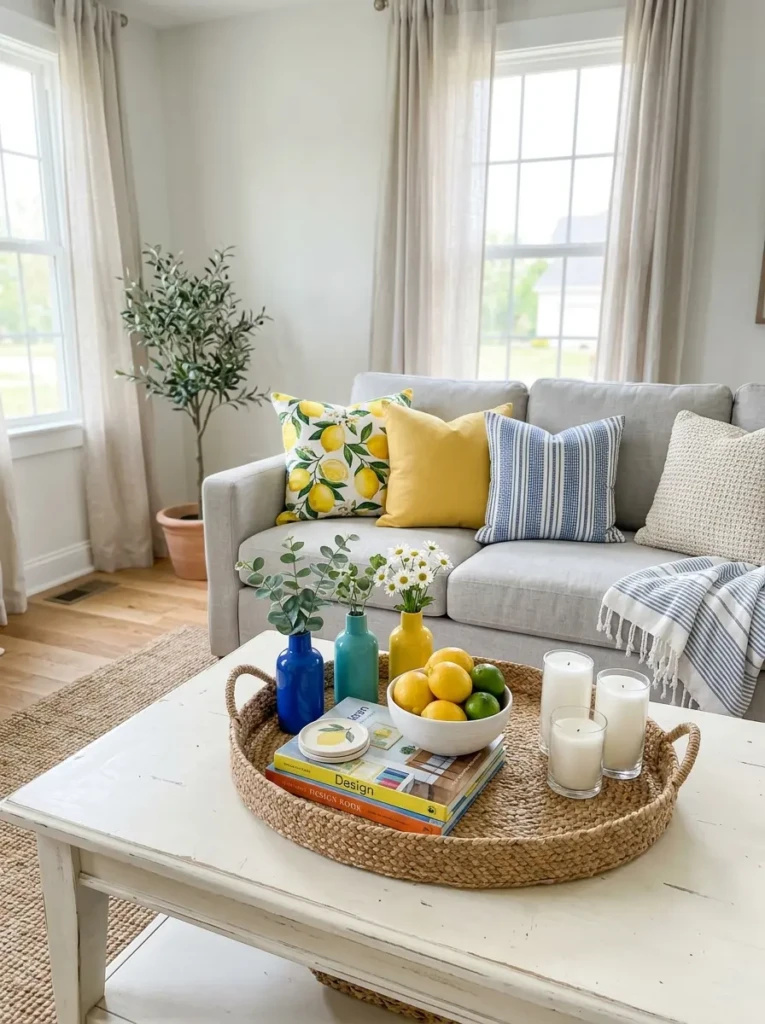 Colorful pillows, candles, and decorative accessories styled on a budget.