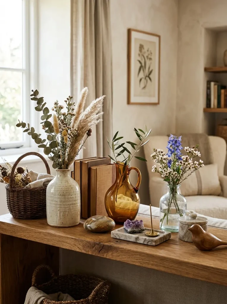 Decorative objects combining wood, stone, ceramic, and glass on a coffee table.