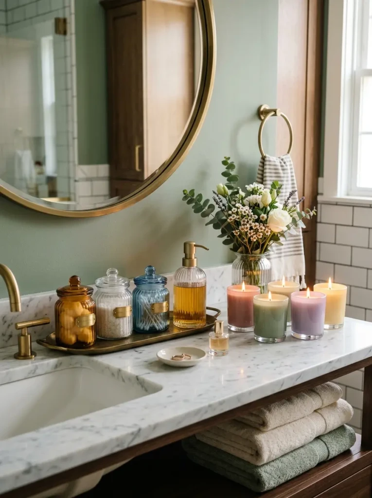 Colorful jars and dispensers displayed in a stylish bathroom