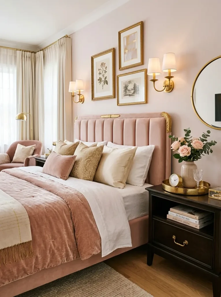 Gold decor details including trays, artwork, and metallic accessories in a pink room
