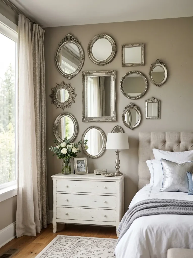 Multiple mirrors arranged to maximize light and create a spacious room appearance.