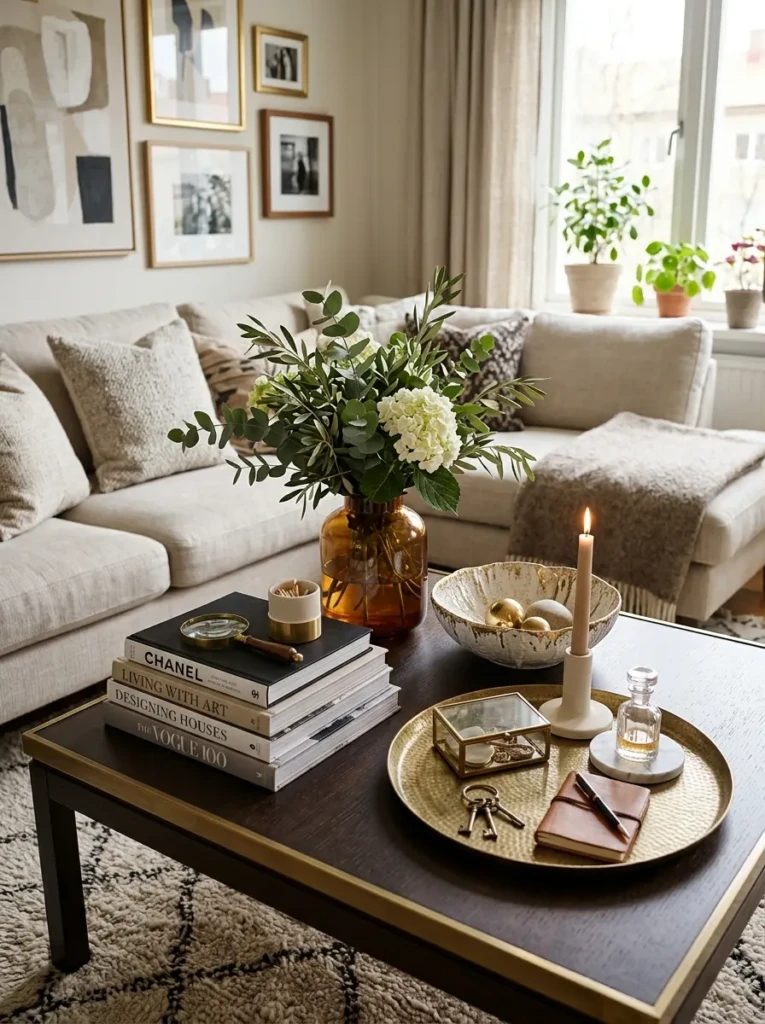 Decorative objects and brass accents complete a stylish living room.