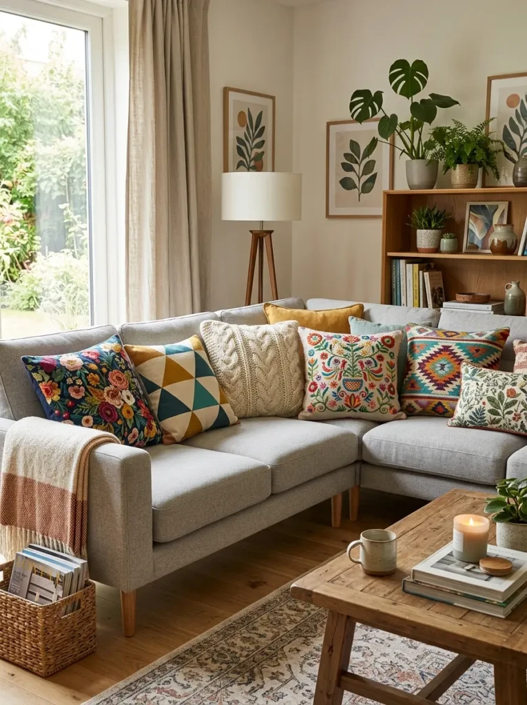 Collection of floral, geometric, knitted, and embroidered cushions in a colorful living room.
