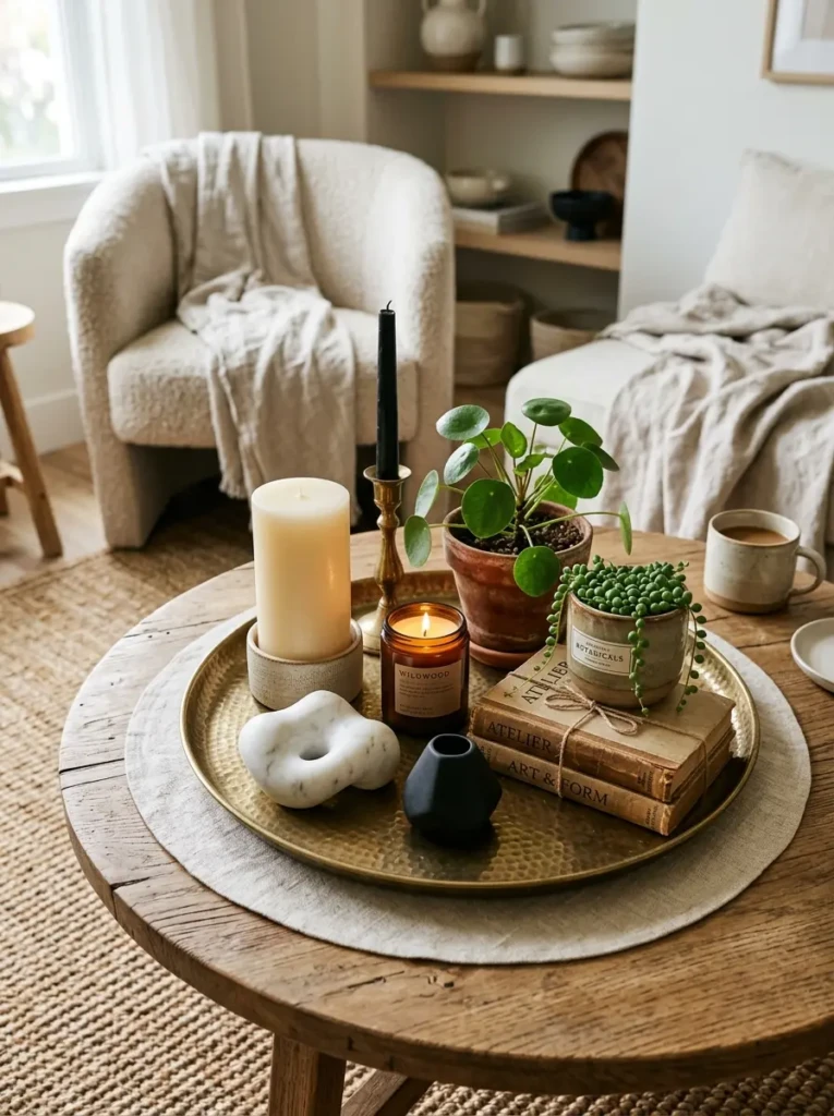 Decorative tray filled with candles, plants, and stylish home decor accessories.