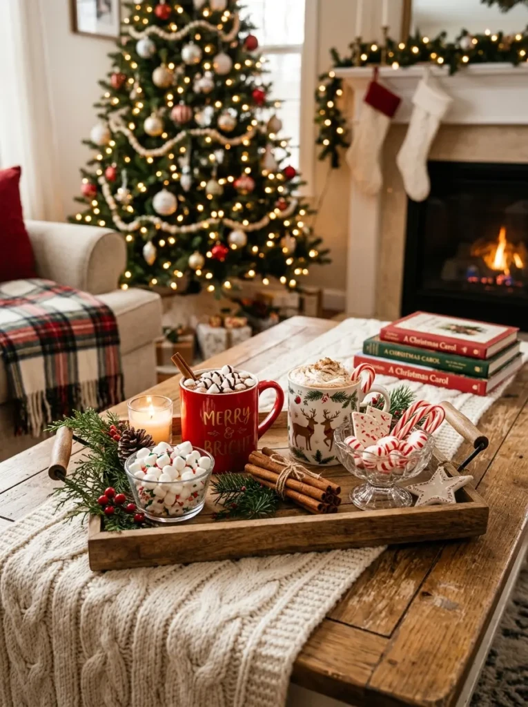 Decorative tray with marshmallows, cinnamon sticks, and Christmas mugs on a coffee table